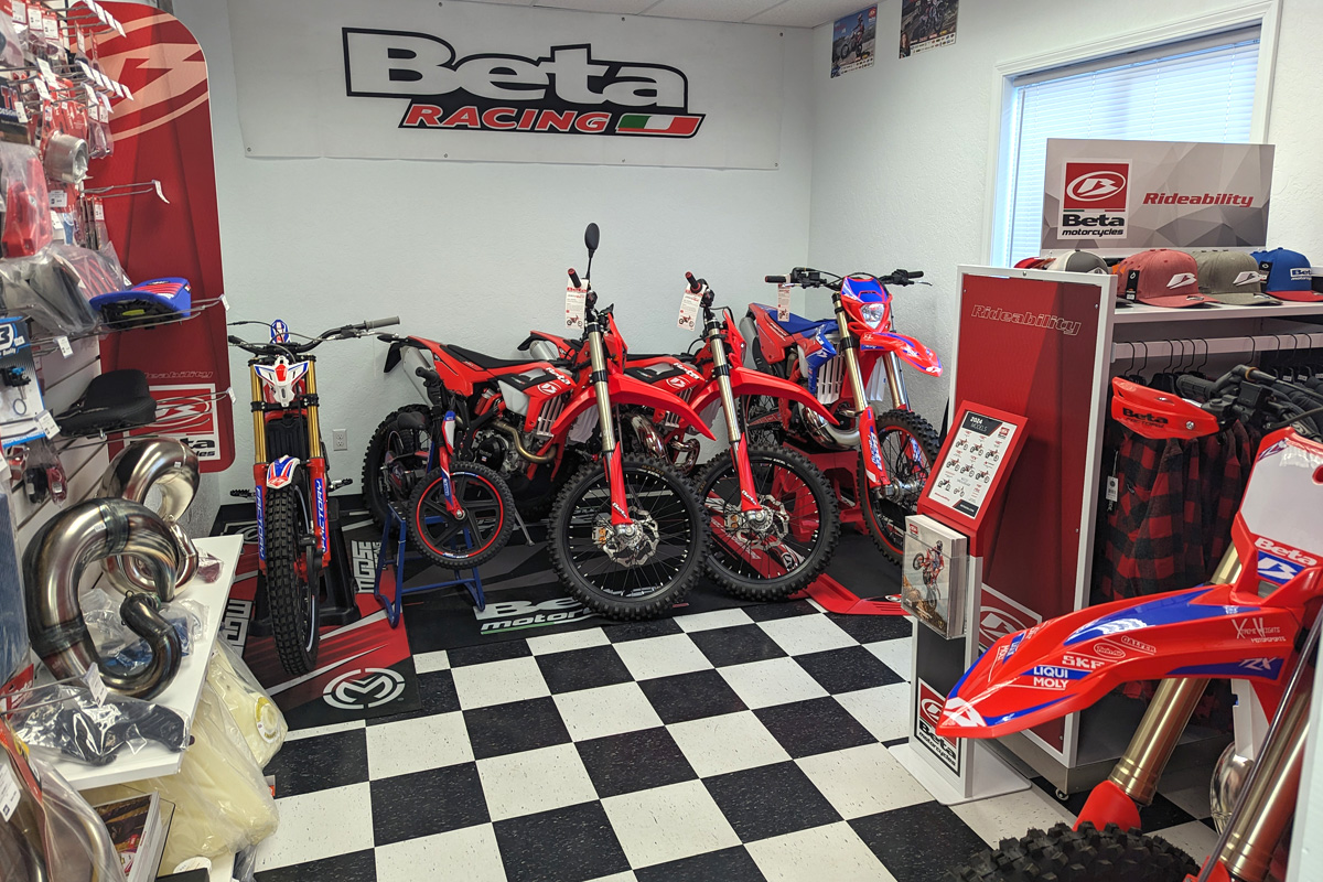 Beta Motorcycles showroom with bikes, accessories, and parts.