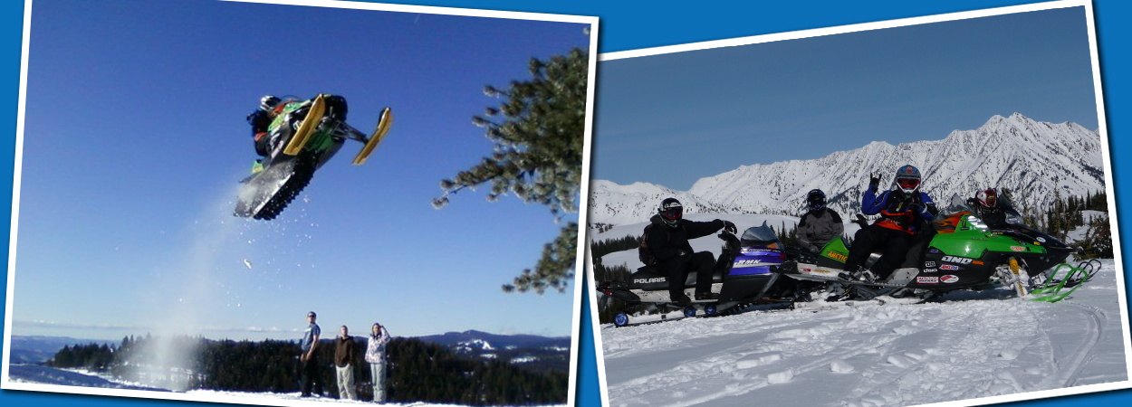 BZ and crew riding snowmobiles in the mountains of Eastern Oregon.